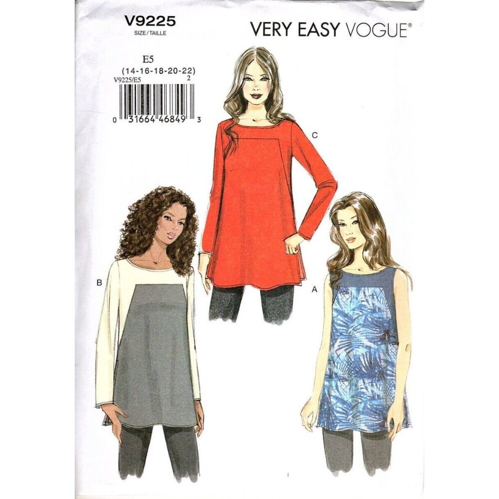 Very Easy Vogue V9225 Misses 14 to 22 Tunic Tops Uncut Sewing Pattern